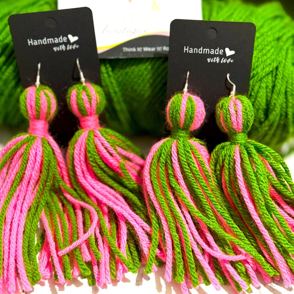 Pink & Green Handmade Yarn Earrings